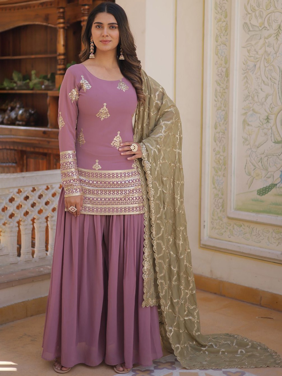 

KALINI Ethnic Motifs Embroidered Georgette Straight Kurta With Palazzos & Dupatta, Purple