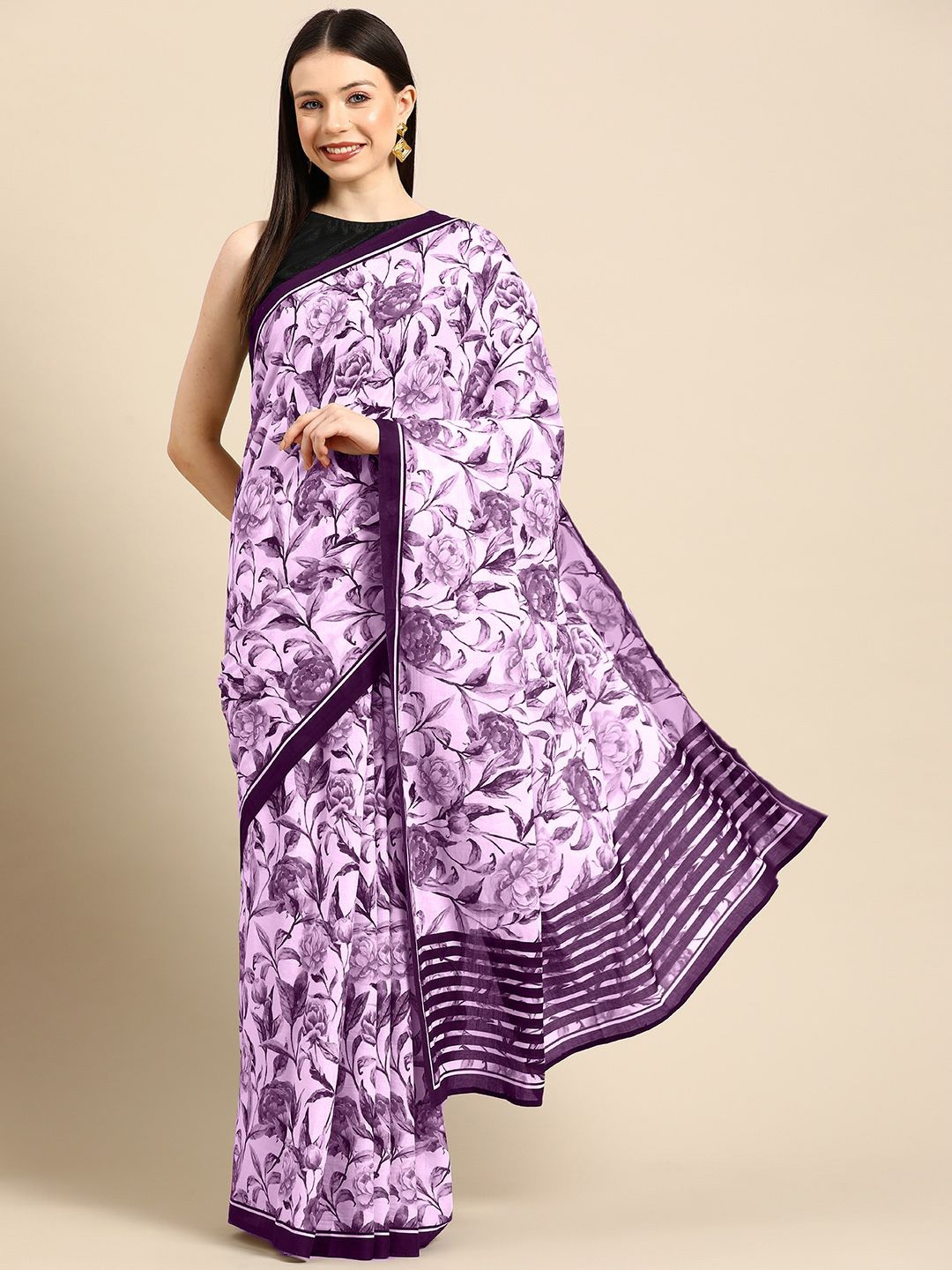 

BUTA BUTI Floral Printed Pure Cotton Saree, Lavender