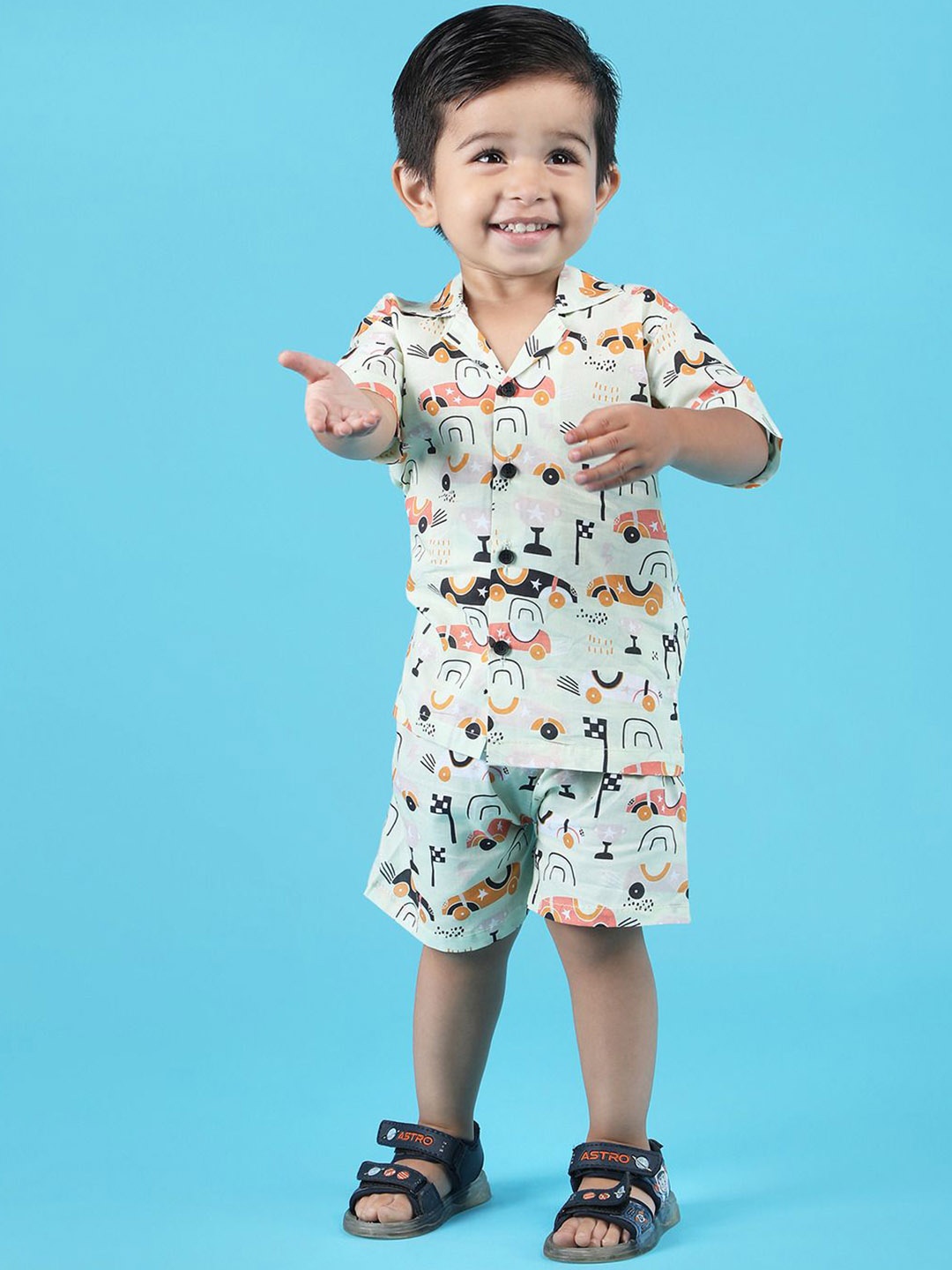

Polka Tots Printed Pure Cotton Shirt & Shorts Set, Green