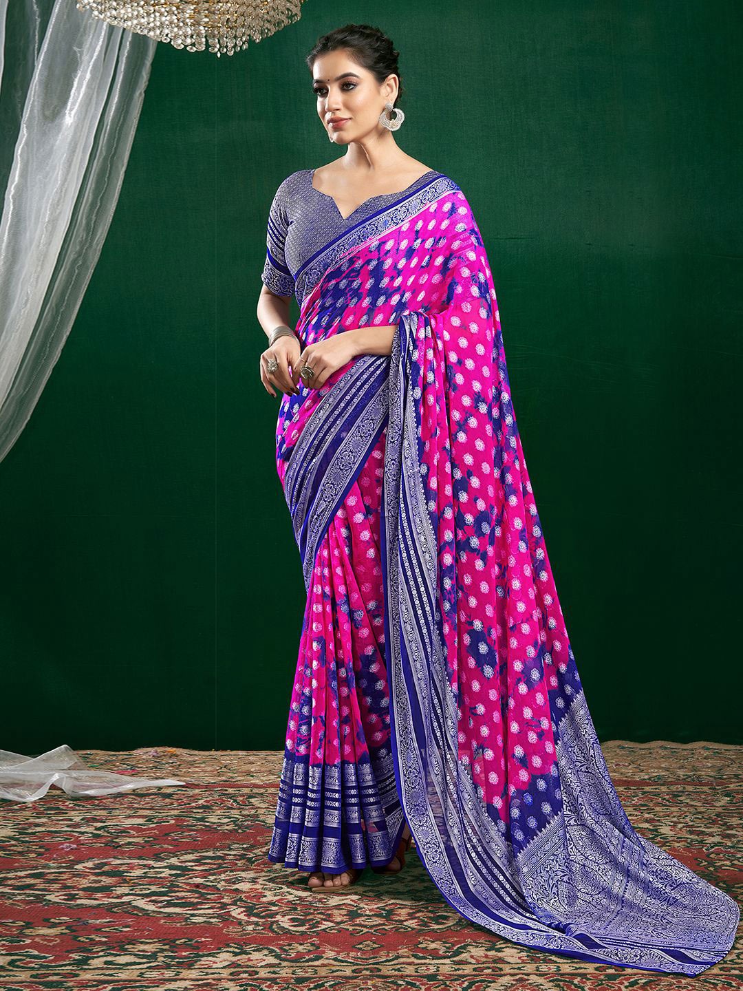 

Satrani Ethnic Motifs Zari Pure Georgette Saree, Blue