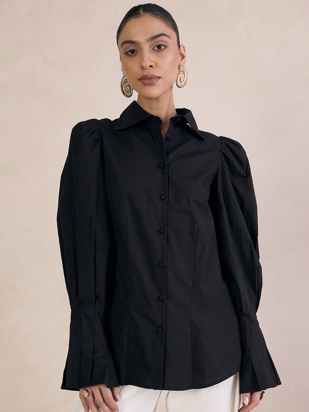 

FEMMELLA Women Comfort Spread Collar Solid Cotton Casual Shirt, Black
