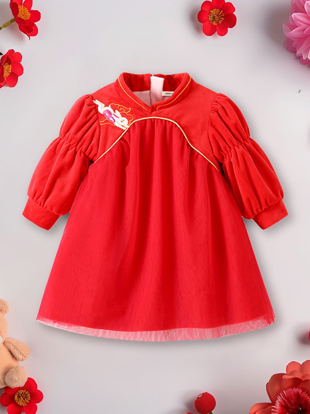 

INCLUD Girls Puff Sleeve A-Line Dress, Red