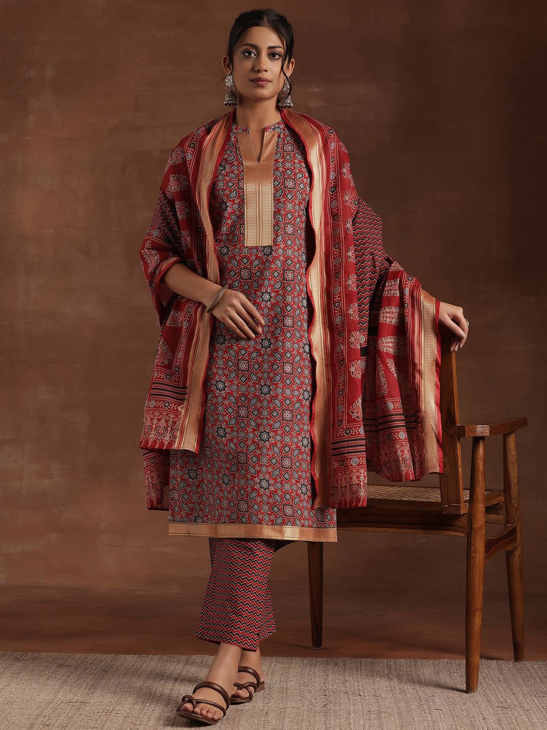 

Libas Ethnic Motifs Printed Pure Cotton Kurta with Trousers & Dupatta, Red