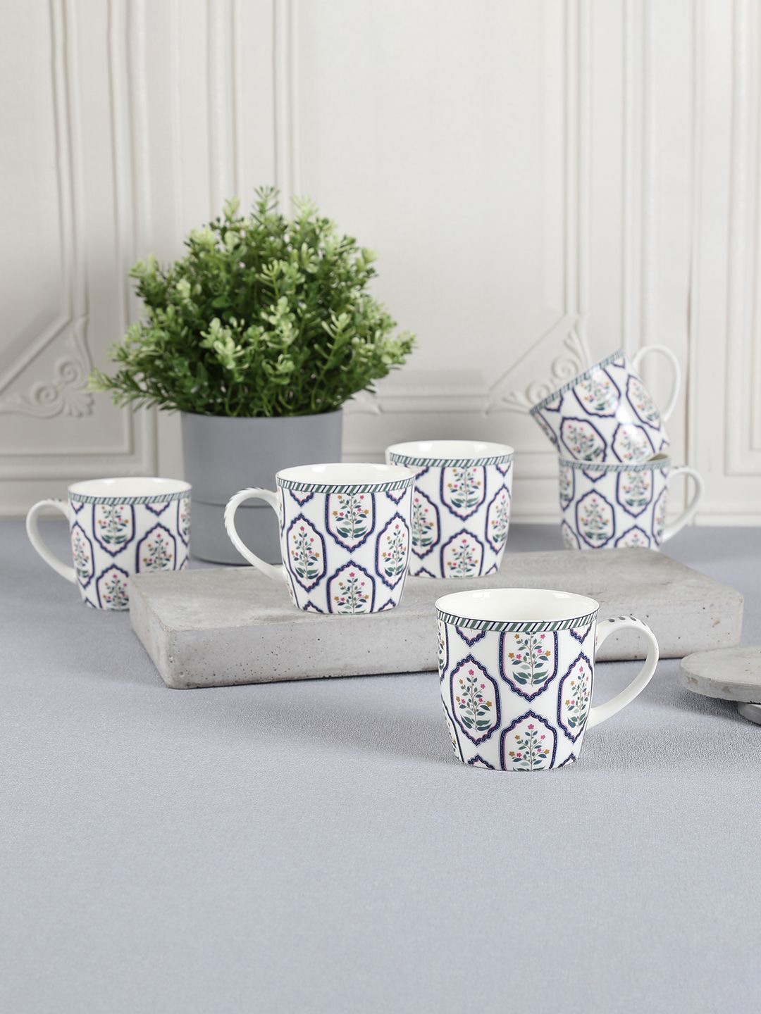 

India Circus by Krsnaa Mehta Blue & White 6 Pieces Floral Printed Bone China Glossy Cups 220ml