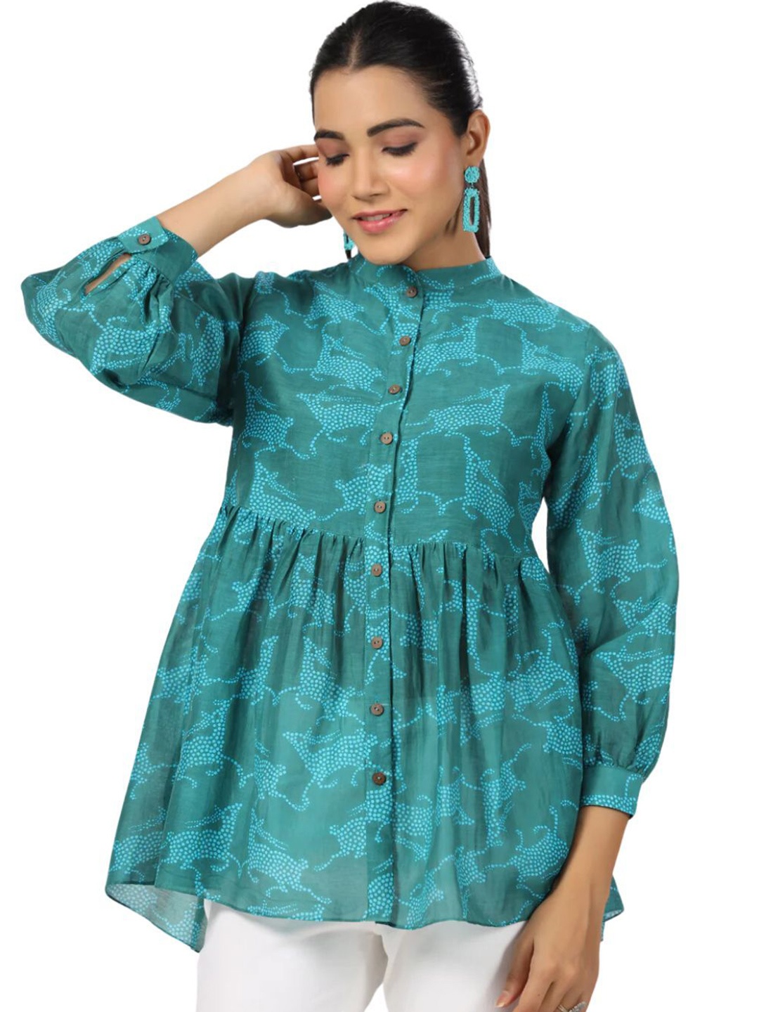 

JAIPURRANG Geometric Print Mandarin Collar Cotton Peplum Top, Green