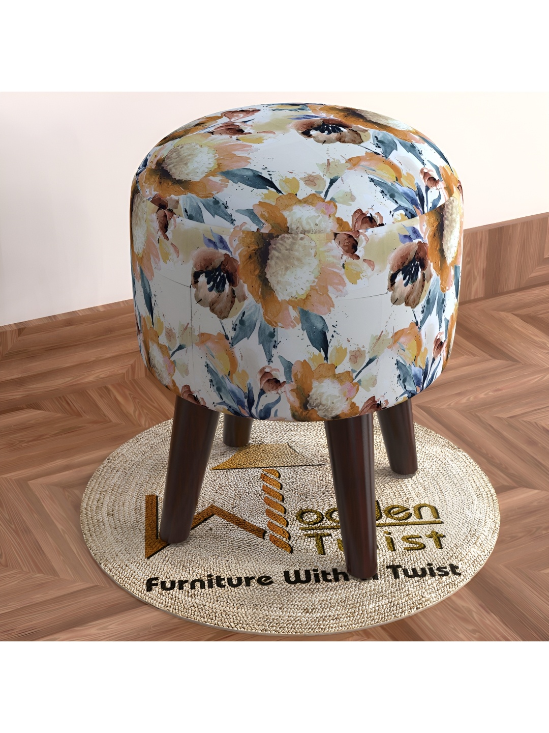 

Wooden Twist Beige & White Printed Comfortable Cushion Round Ottoman Stool