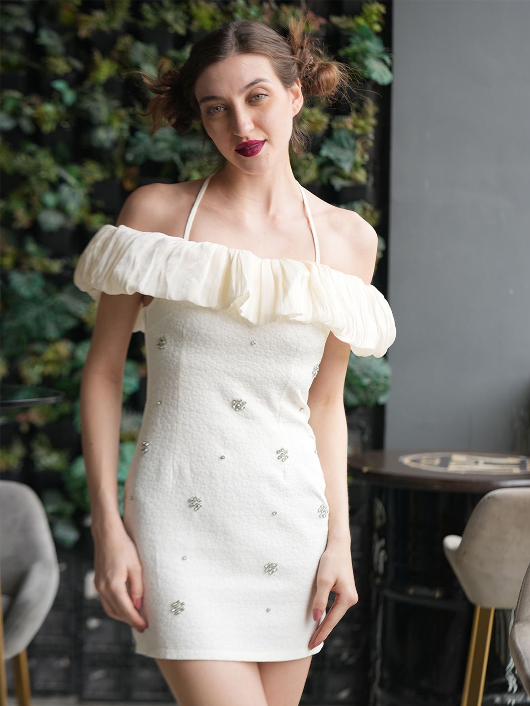 

ODETTE Off-Shoulder Jacquard Sheath Dress, Cream