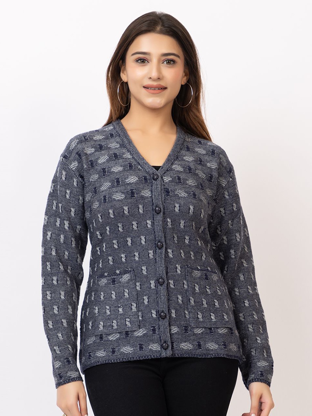 

TWENTY ME Women Embroidered Woollen Cardigan with Embroidered Detail, Navy blue