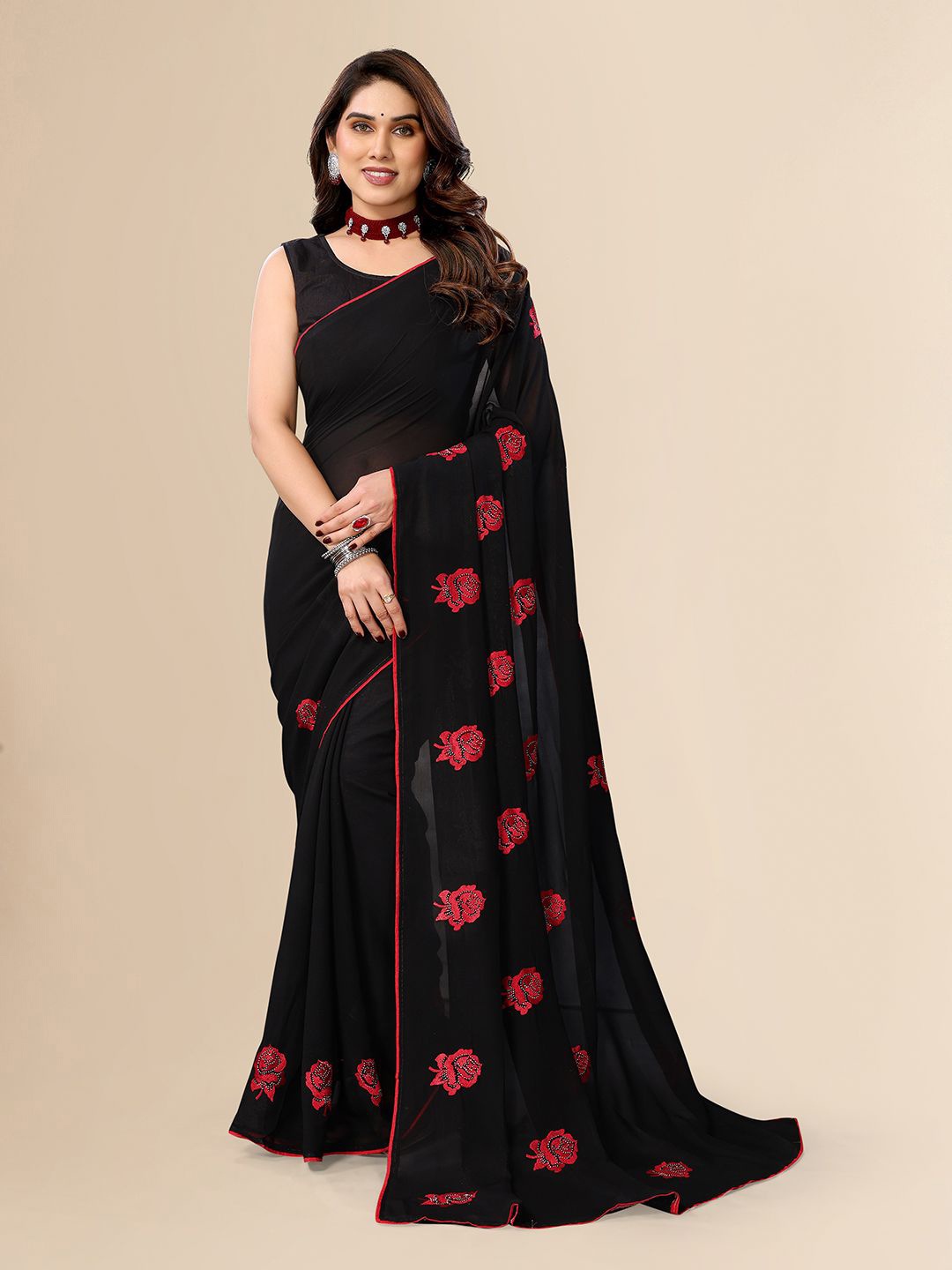

ANAND SAREES Embellished Embroidered Poly Chiffon Heavy Work Saree, Black