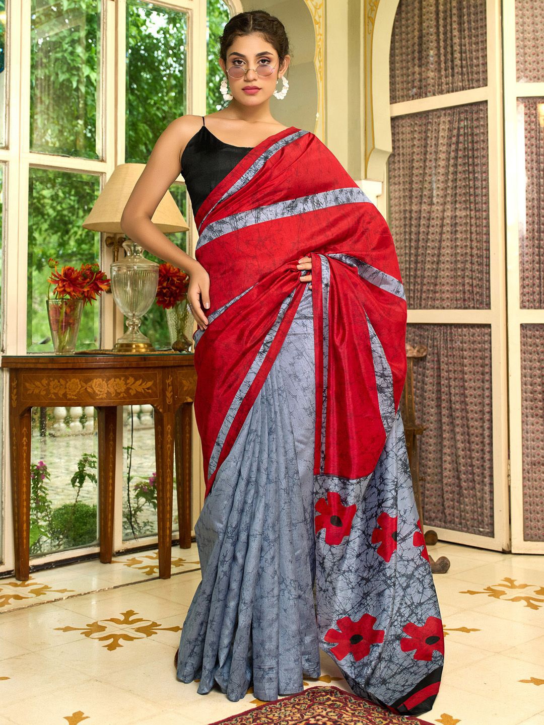 

Saree mall Art Silk Block Print Sarees, Red