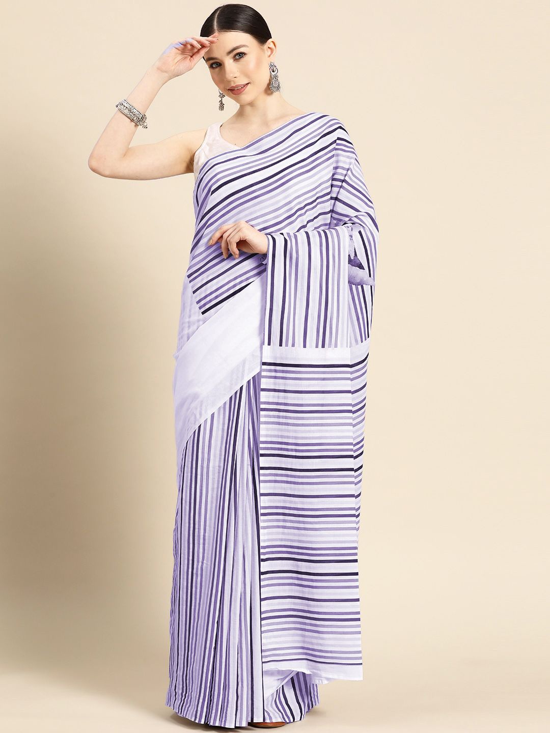 

BUTA BUTI Striped Pure Cotton Saree, Lavender