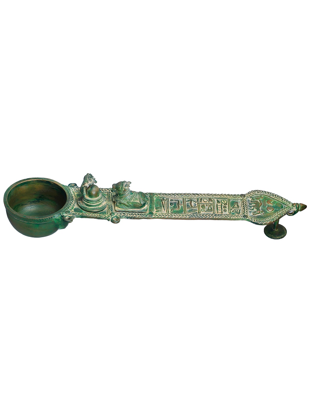 

Exotic India 23" Large Size Ritual Spoon (Uddharani) with Figures of Nandi and Shiva Linga, Green