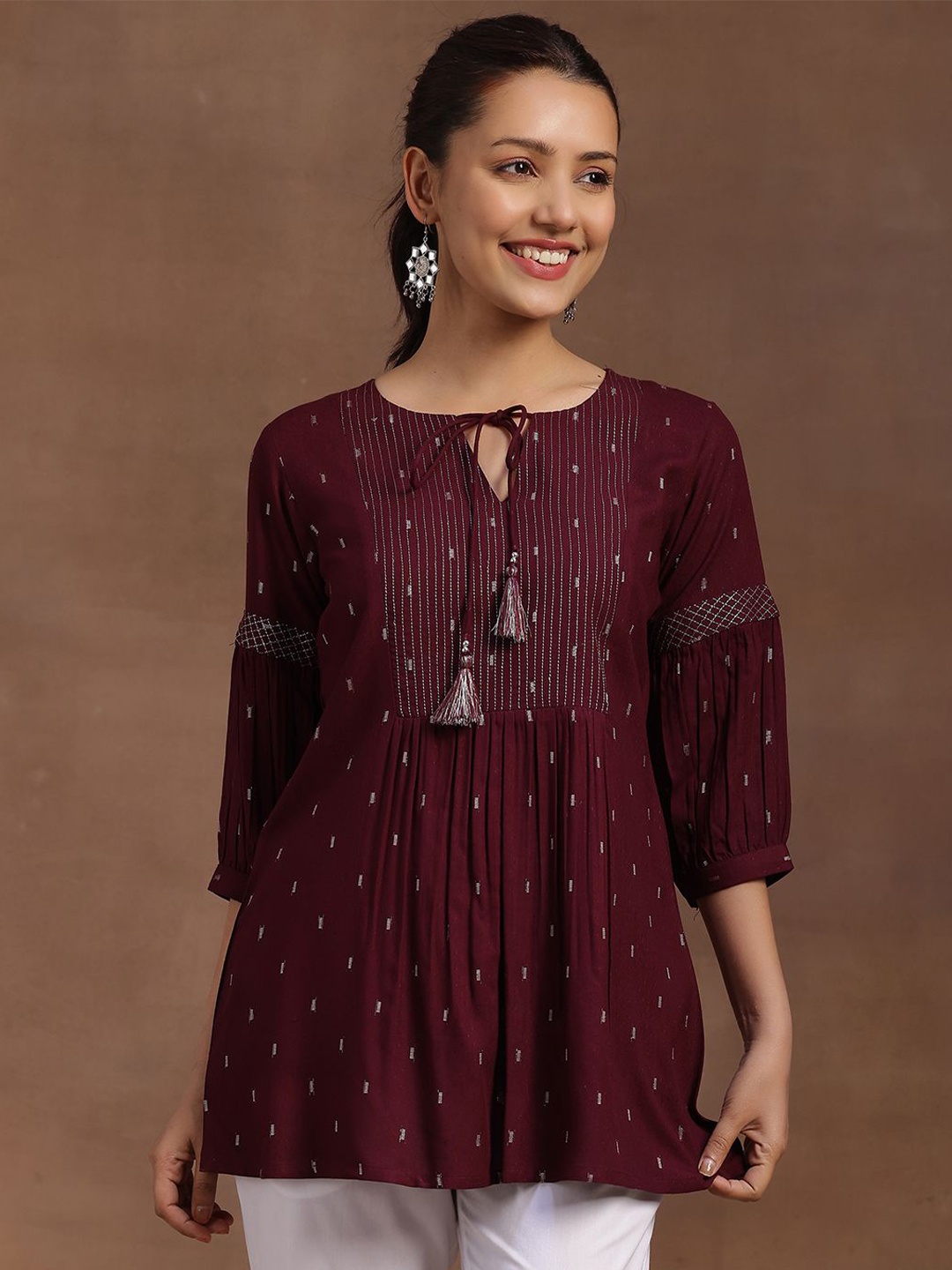 

Libas Geometric Woven Design Dobby Pleated Kurti, Burgundy