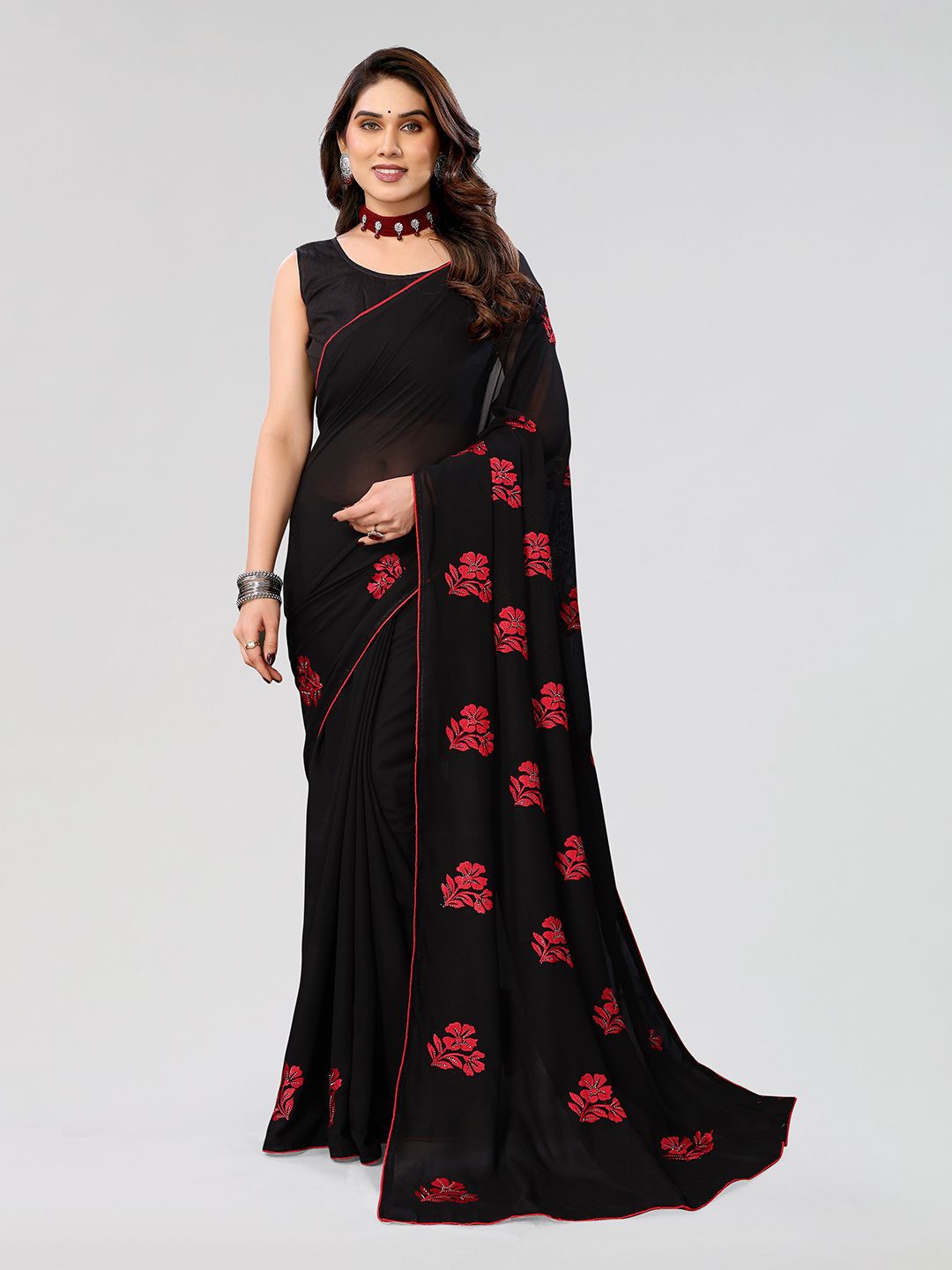

ANAND SAREES Floral Poly Chiffon Saree, Black