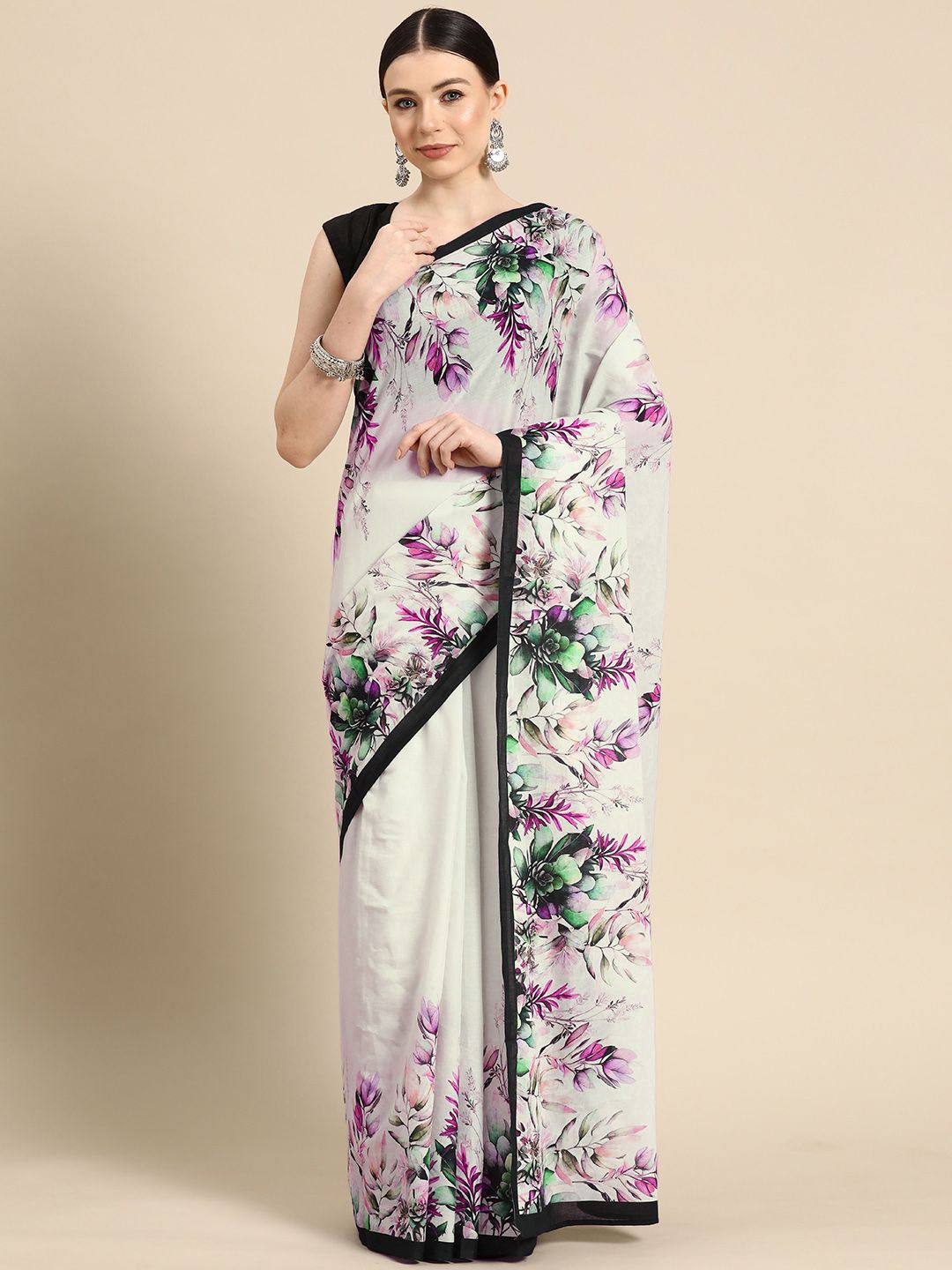 

BUTA BUTI Floral Pure Cotton Saree, White