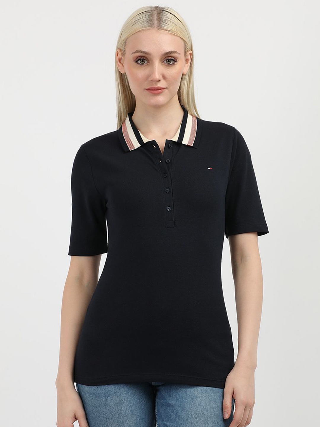 

Tommy Hilfiger Women Solid Polo Collar Organic Cotton T-shirt, Blue