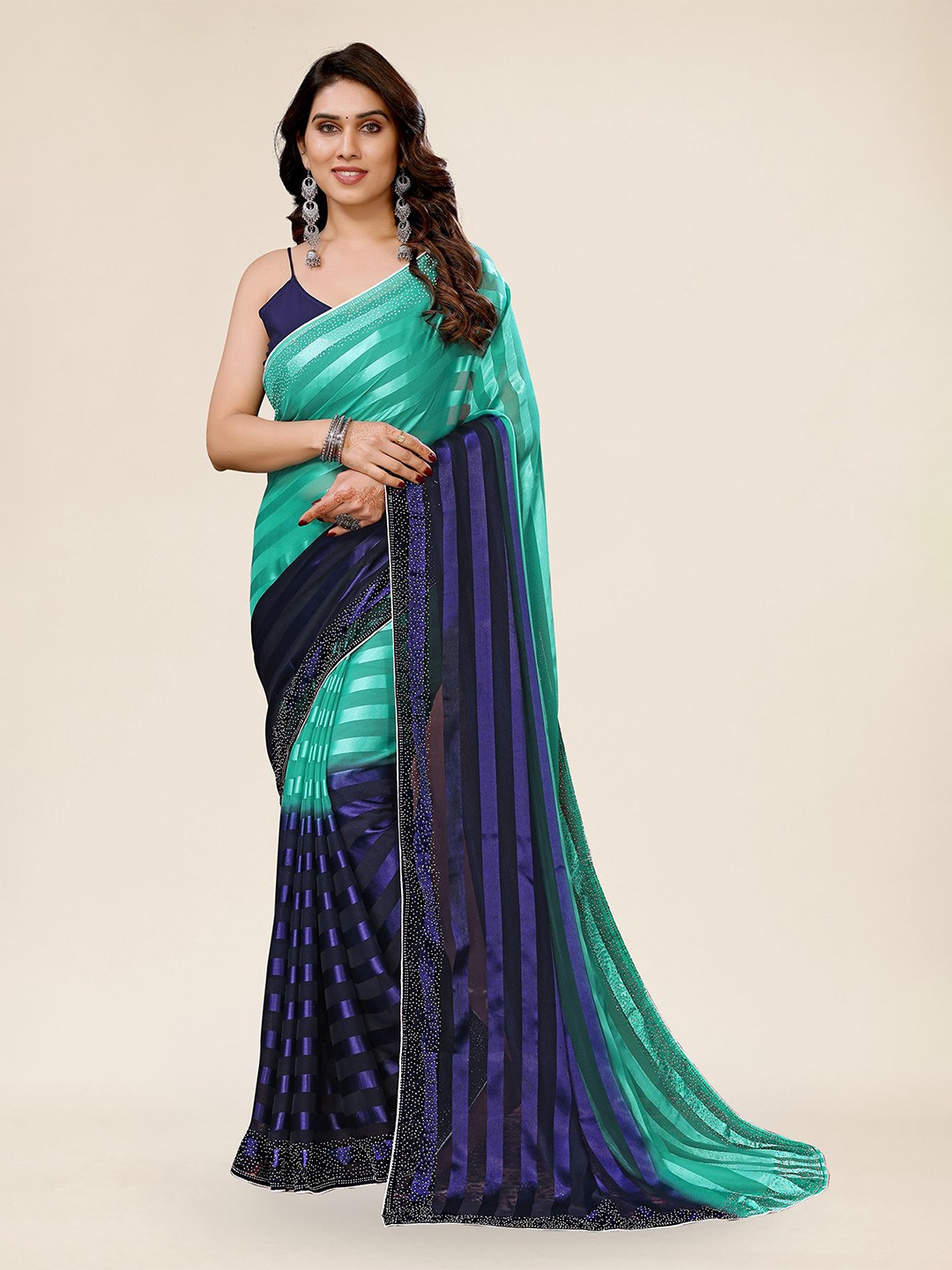 

ANAND SAREES Striped Satin Ready to Wear Saree, Blue