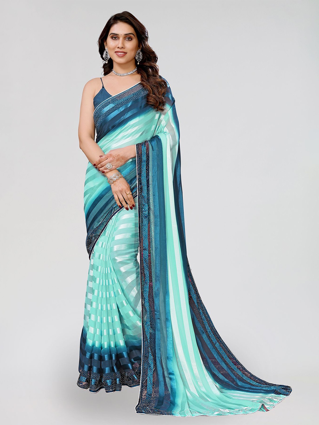 

ANAND SAREES Striped Beads and Stones Satin Saree, Green
