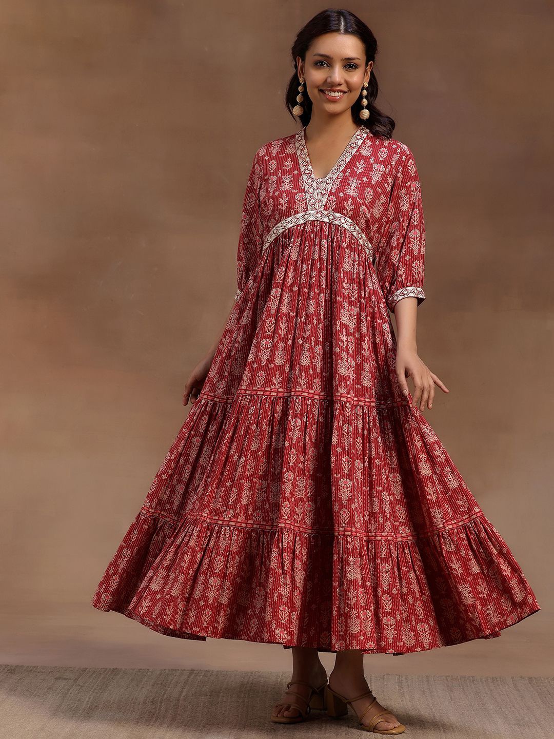 

Libas Floral Print Puff Sleeve Layered Fit & Flare Midi Dress, Pink