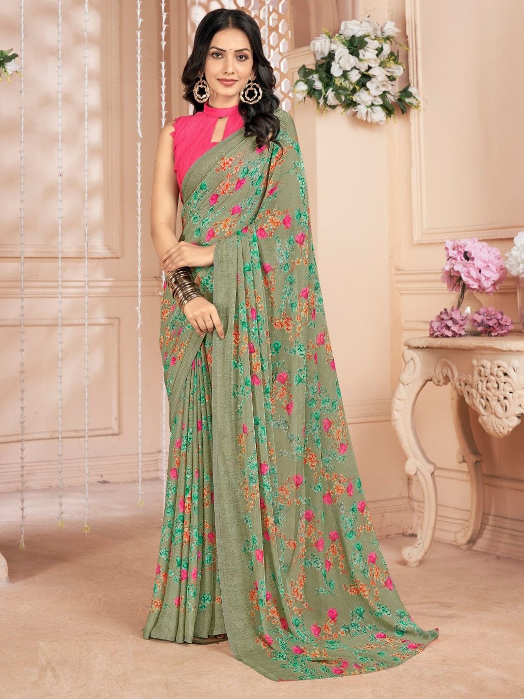 

Reboot Fashions Floral Pure Chiffon Saree, Green