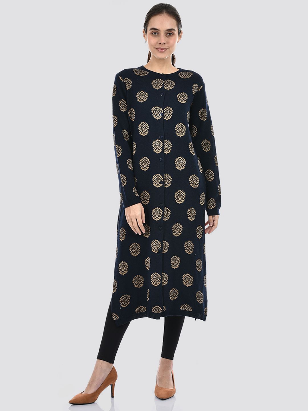 

American Eye Women Floral Printed Longline Cardigan, Navy blue