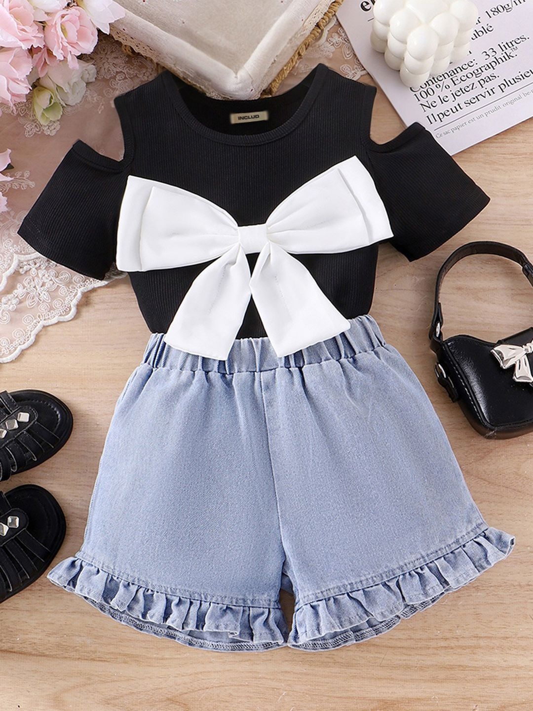 

INCLUD Girls Applique Top with Denim Shorts, Black