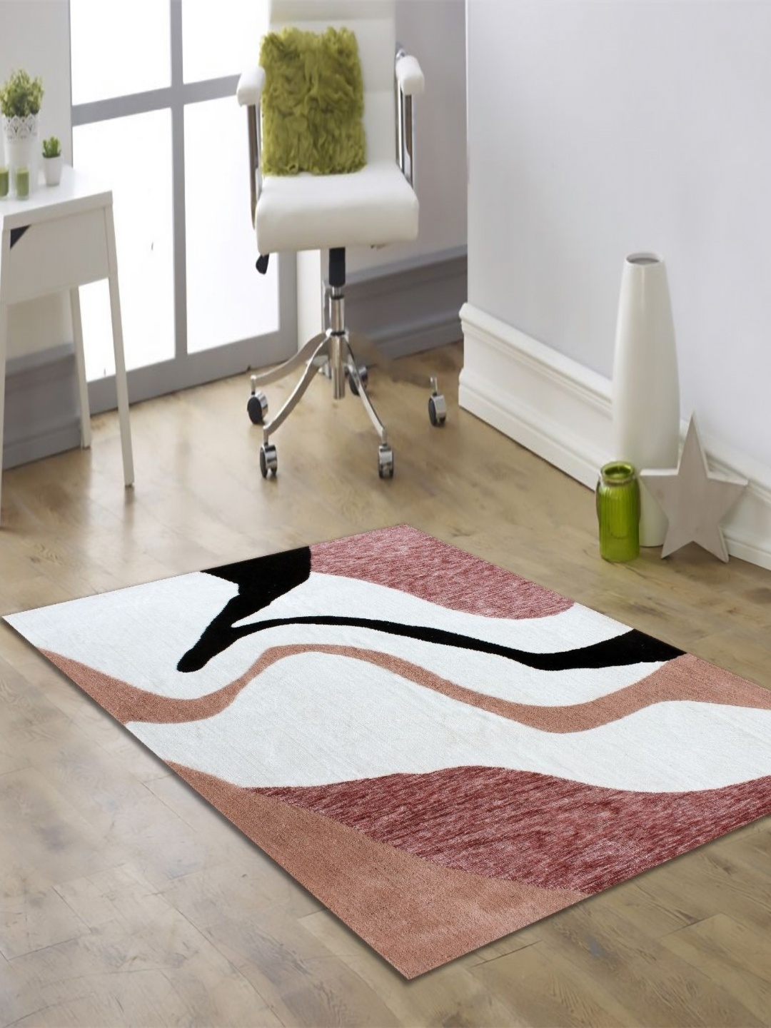 

MULTITEX White & Pink Abstract Anti-Skid Rectangular Carpet