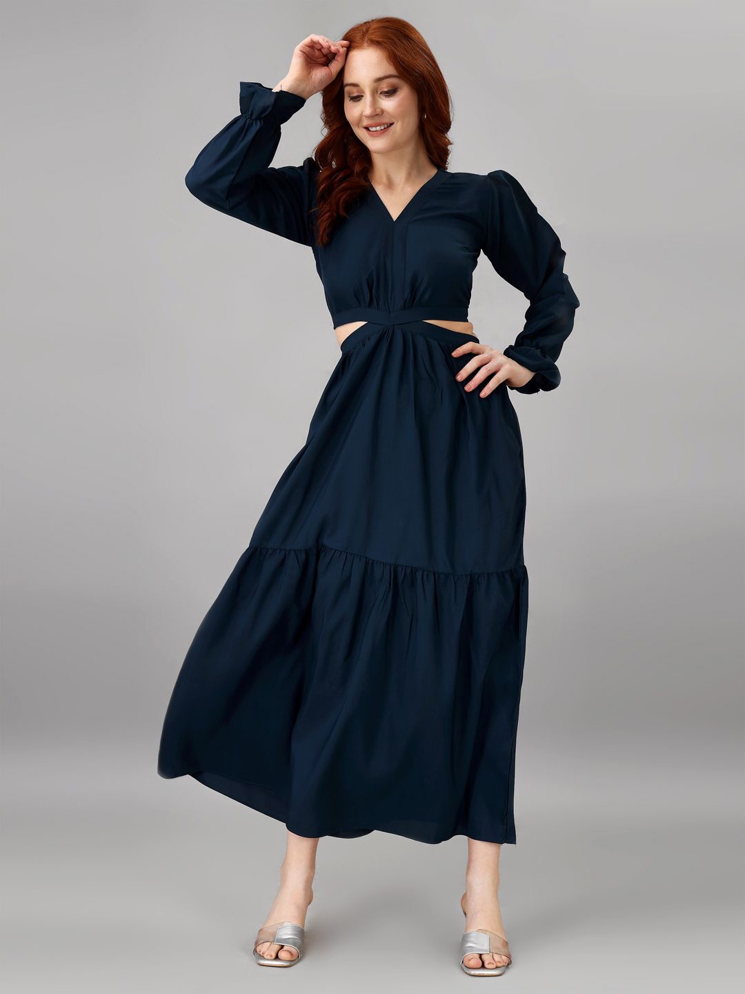 

Femvy Puff Sleeve Applique Crepe Fit & Flare Maxi Dress, Blue