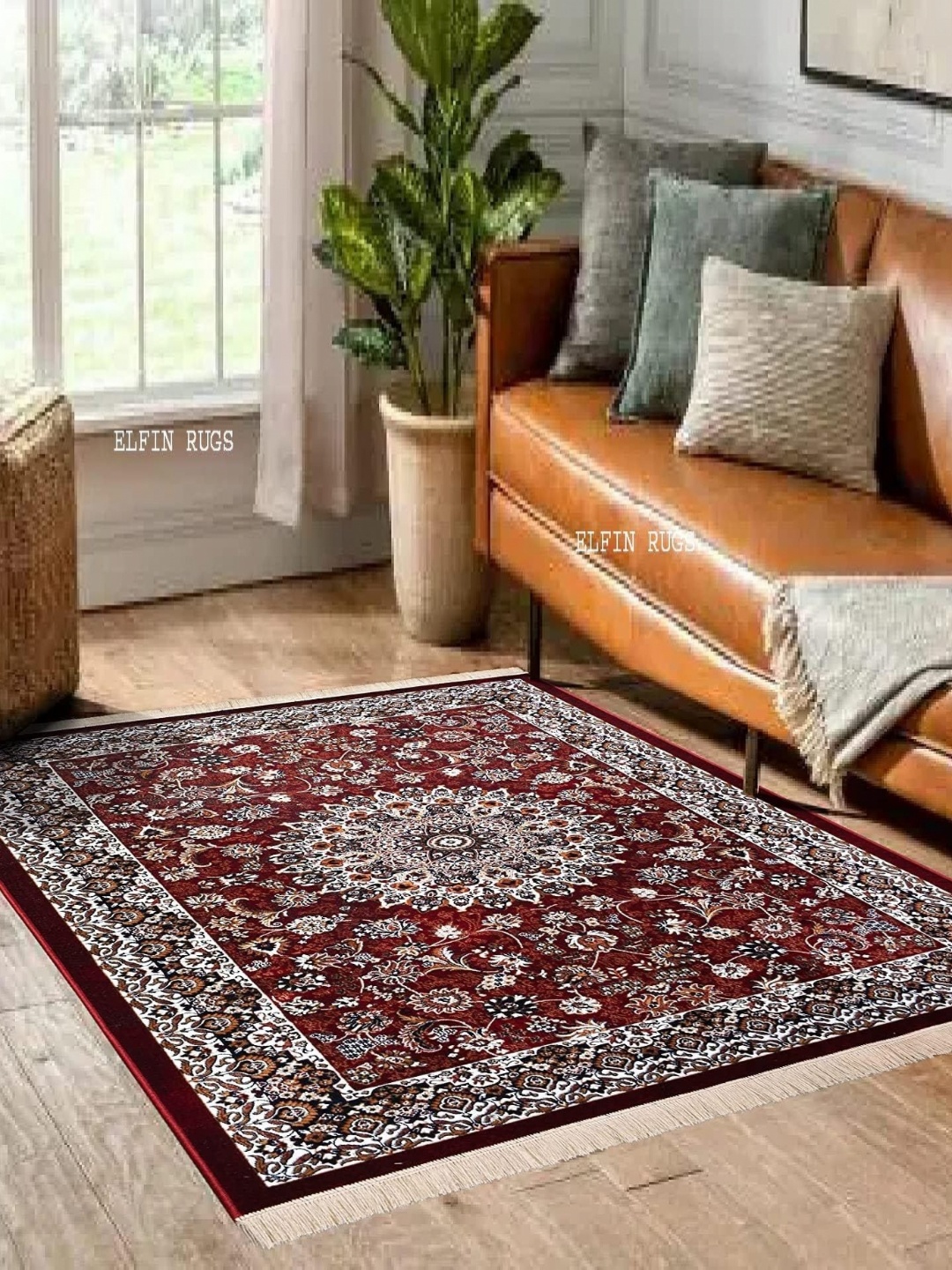 

SANA CARPET Brown & White Floral Anti-Skid Rectangular Carpet