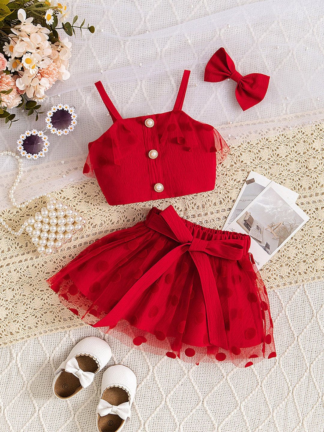 

INCLUD Girls Top with Skirt & Bow, Red