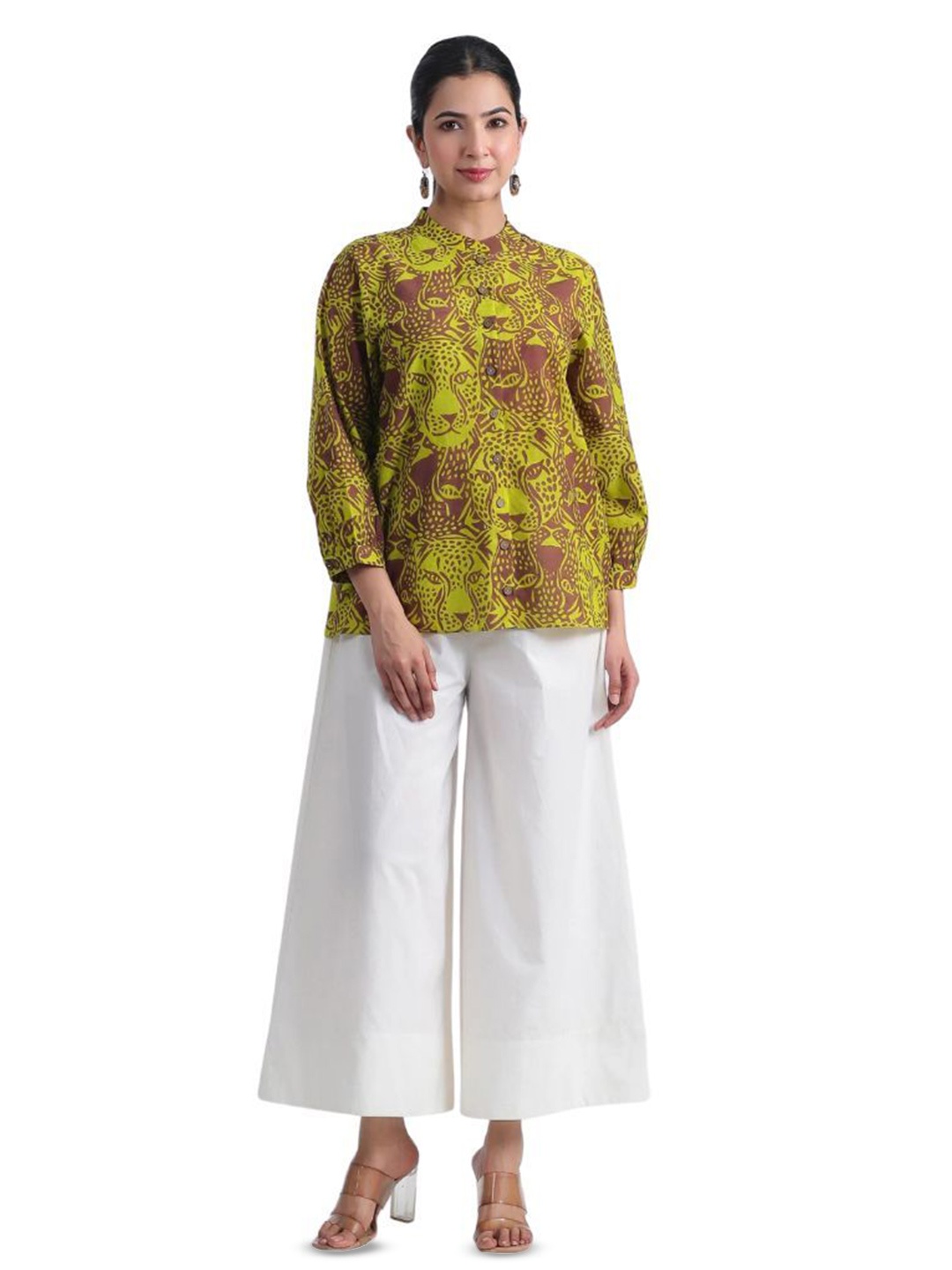 

JAIPURRANG Geometric Print Mandarin Collar Cotton Peplum Top, Brown