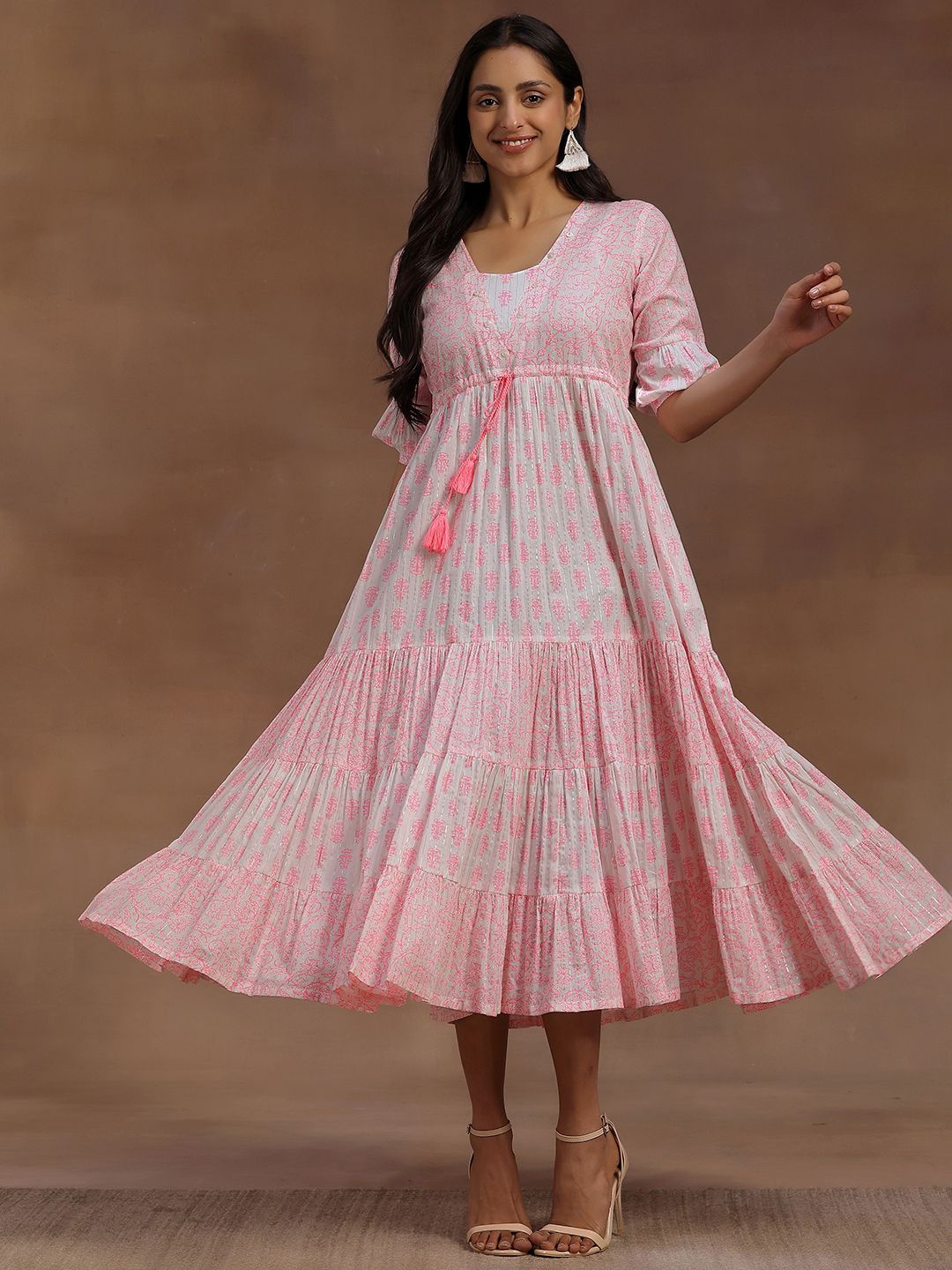 

Libas Floral Print Puff Sleeve Layered A-Line Midi Dress, Pink