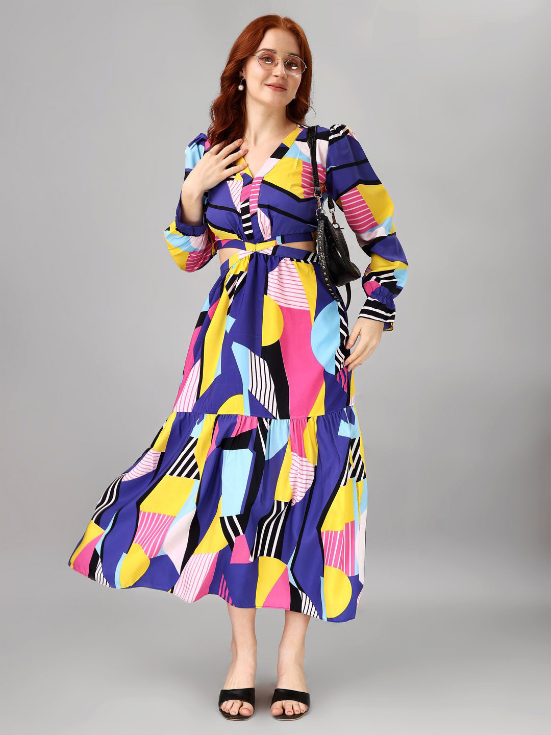 

Femvy Print Puff Sleeve Applique Crepe Fit & Flare Maxi Dress, Multi