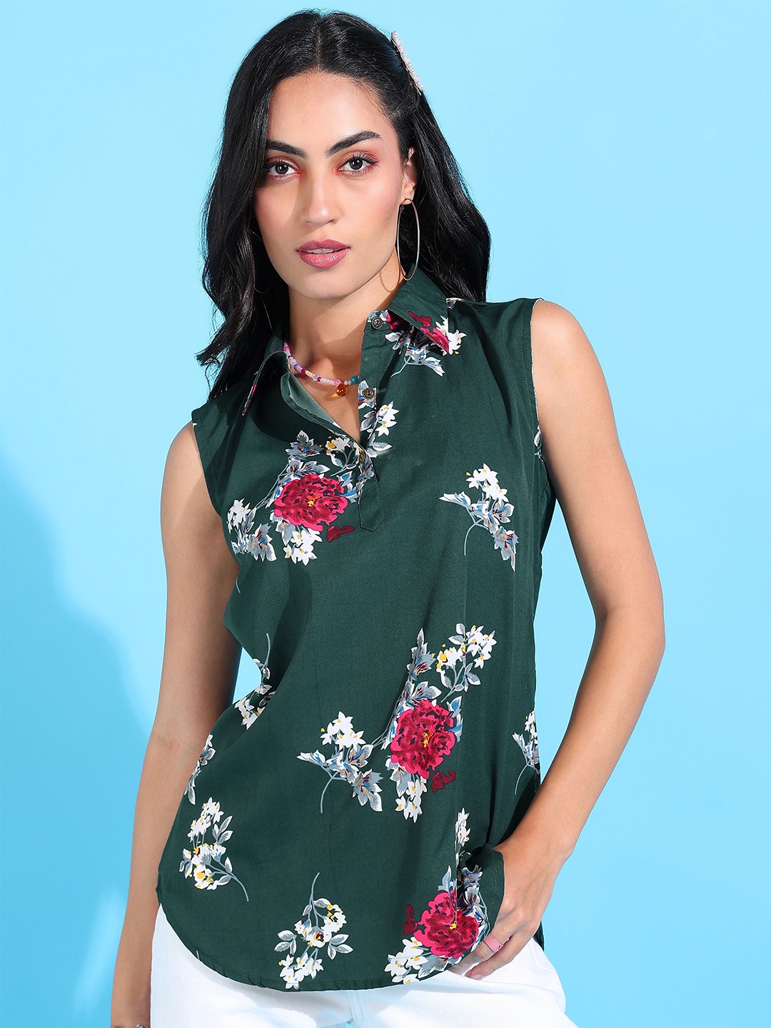 

Rudraaksha Creations Floral Print Mandarin Collar Crepe Top, Green