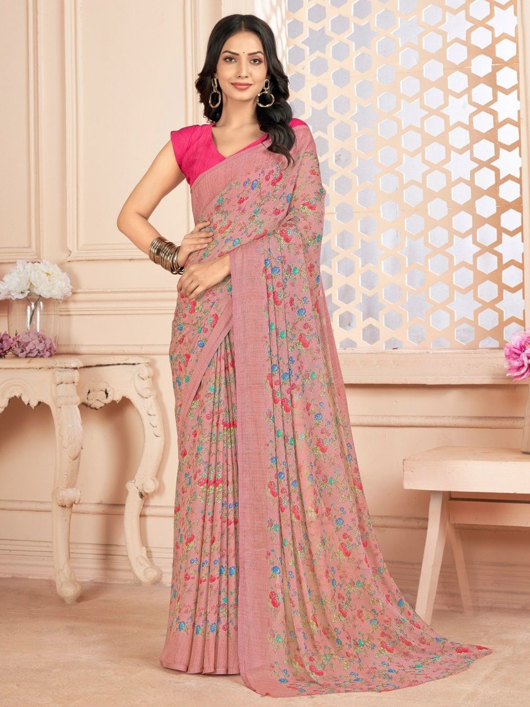 

Reboot Fashions Floral Pure Chiffon Saree, Pink