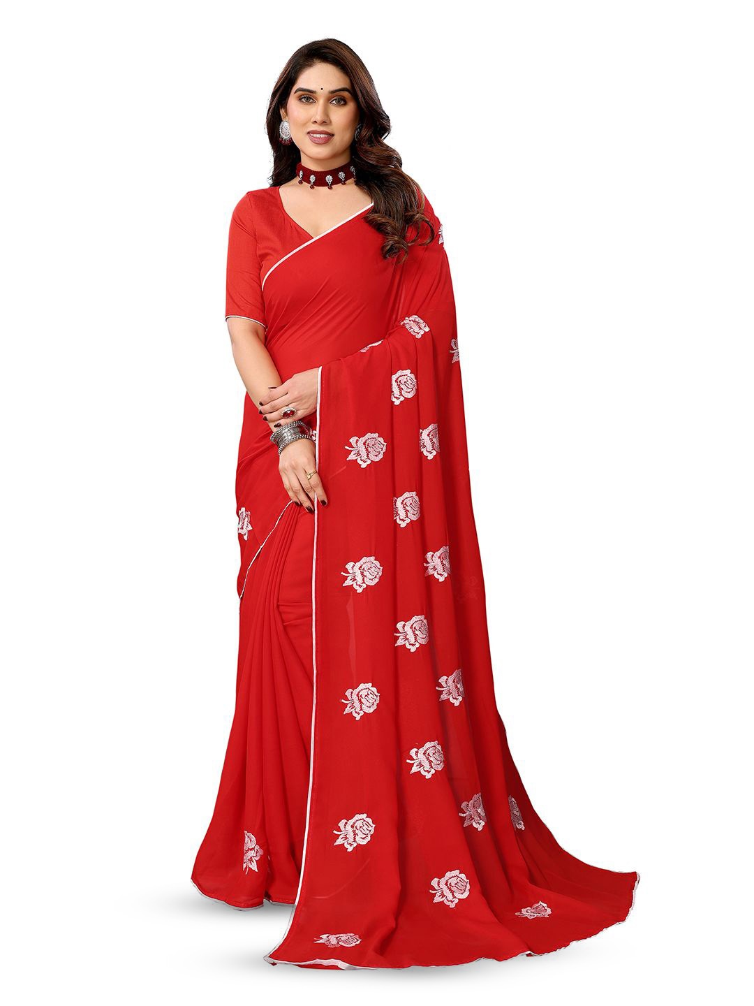 

ANAND SAREES Embellished Embroidered Poly Chiffon Heavy Work Saree, Red