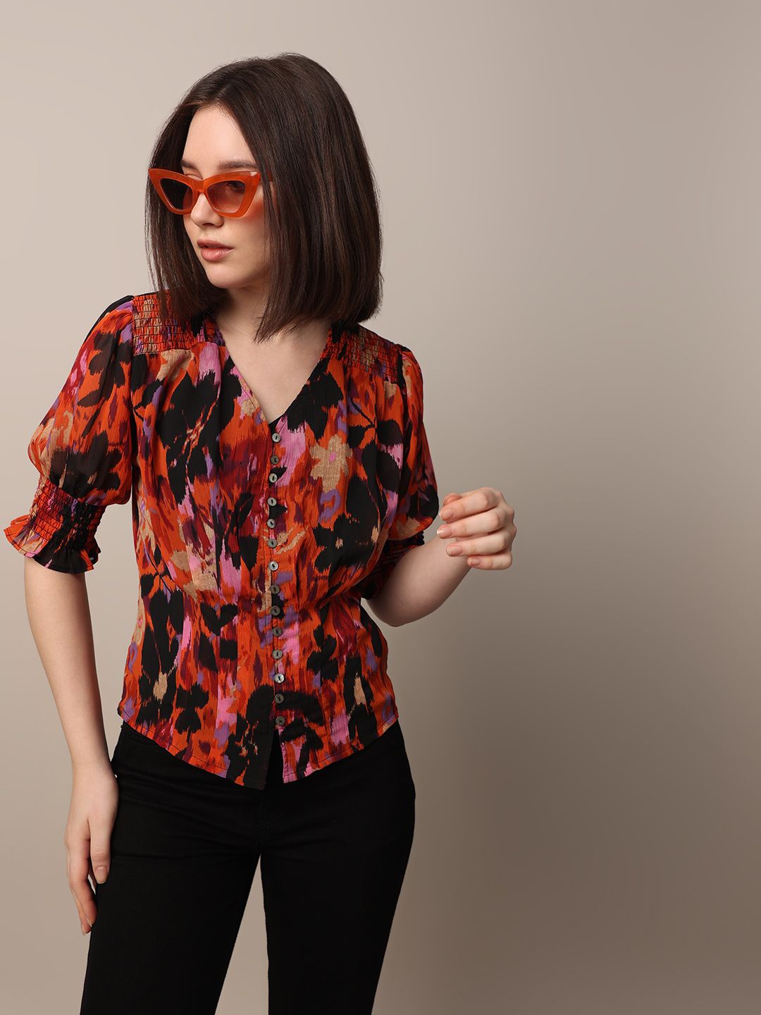 

ONLY Print Puff Sleeve Chiffon Blouson Top, Black