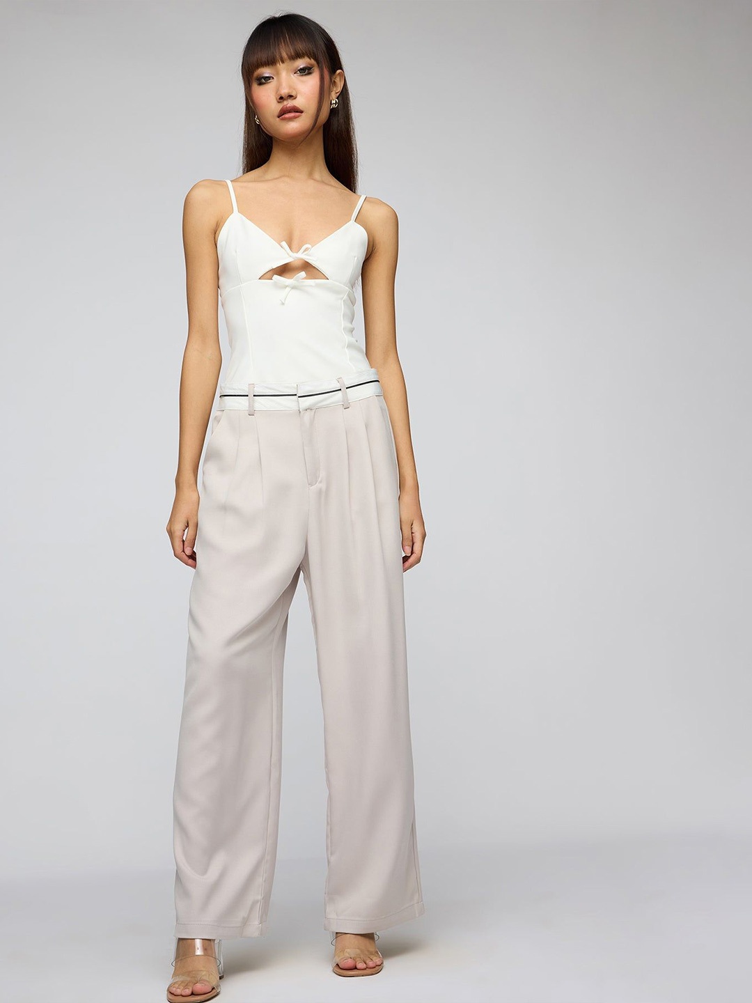 

FREAKINS Silver Grey Contrast Waist Korean Pants