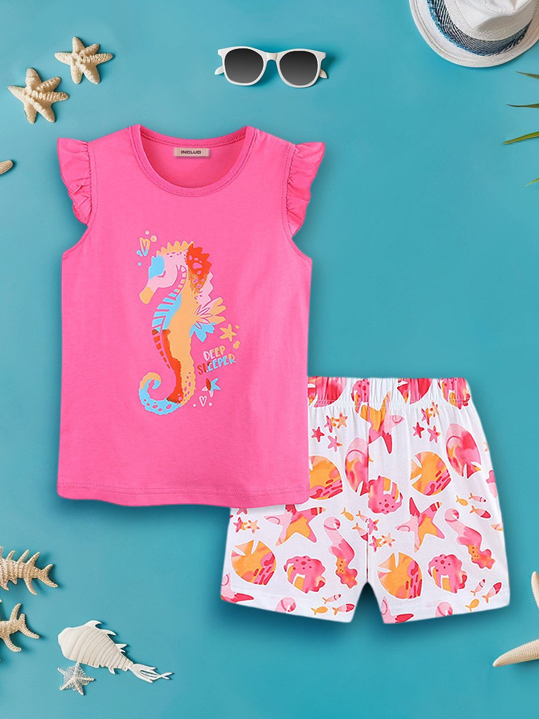 

INCLUD Girls Printed T-shirt with Shorts, Pink
