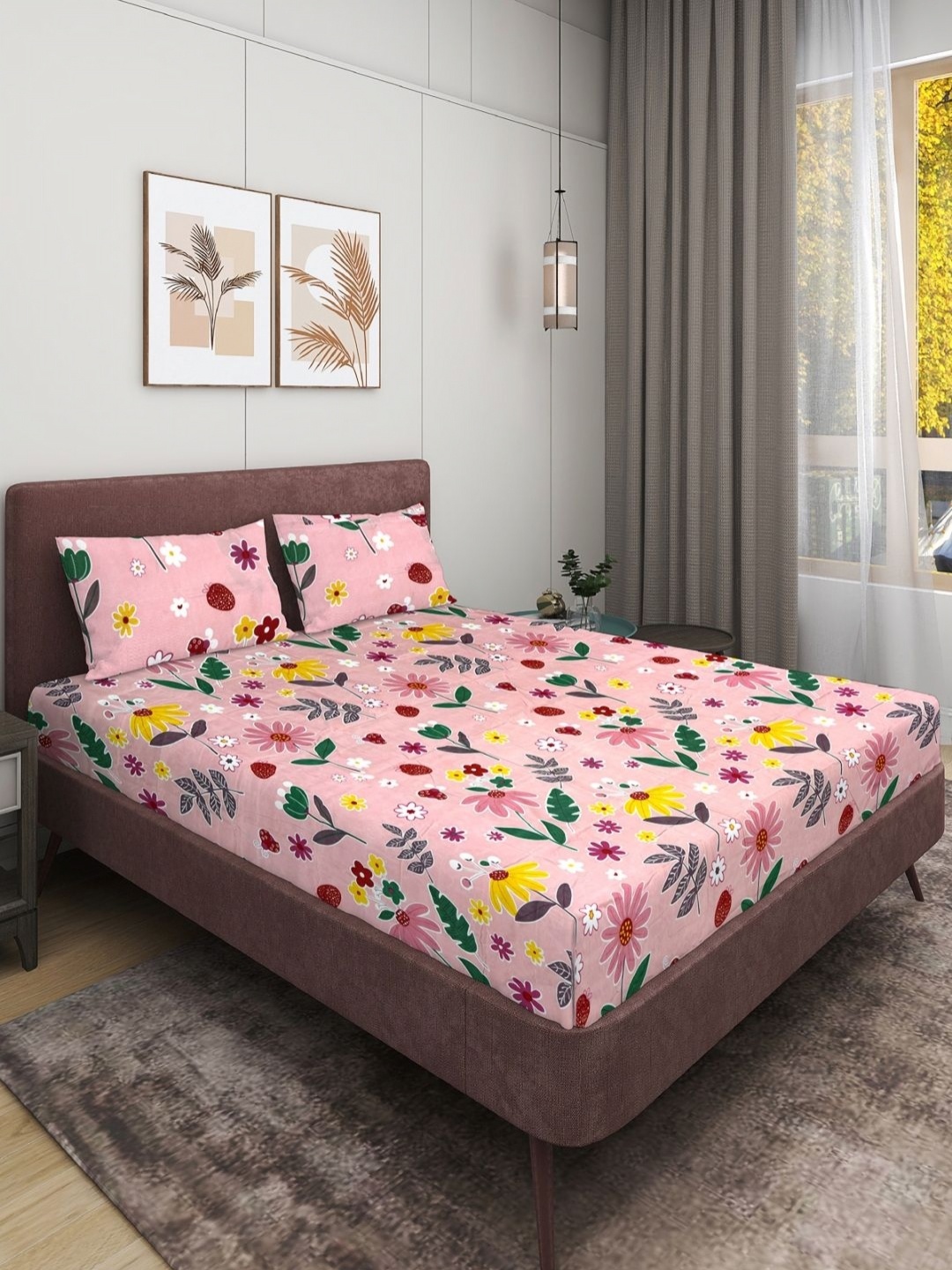 

Myntra Elegant Homes Pink & Red Floral 144 TC Queen Bedsheet with 2 Pillow Covers