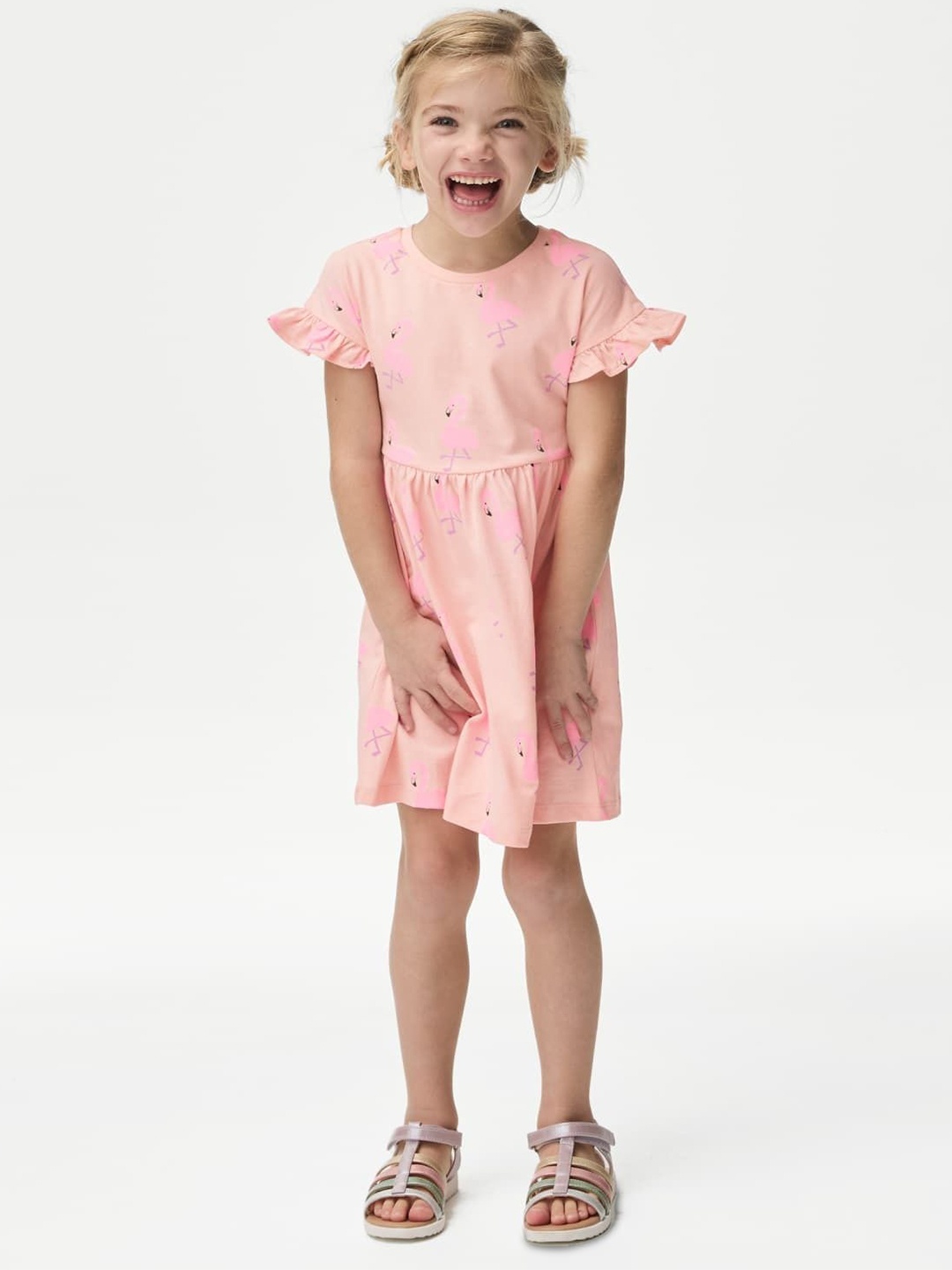 

Marks & Spencer Floral Print Flutter Sleeve Fit & Flare Dress, Pink