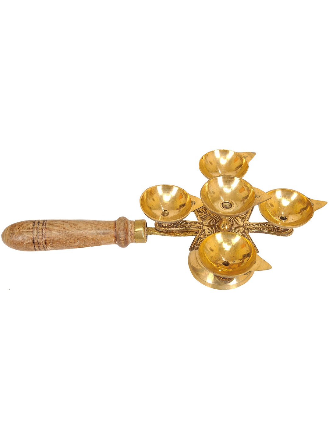 

Exotic India 3" Five Wicks Hand-Held Brass Puja Lamp, Gold