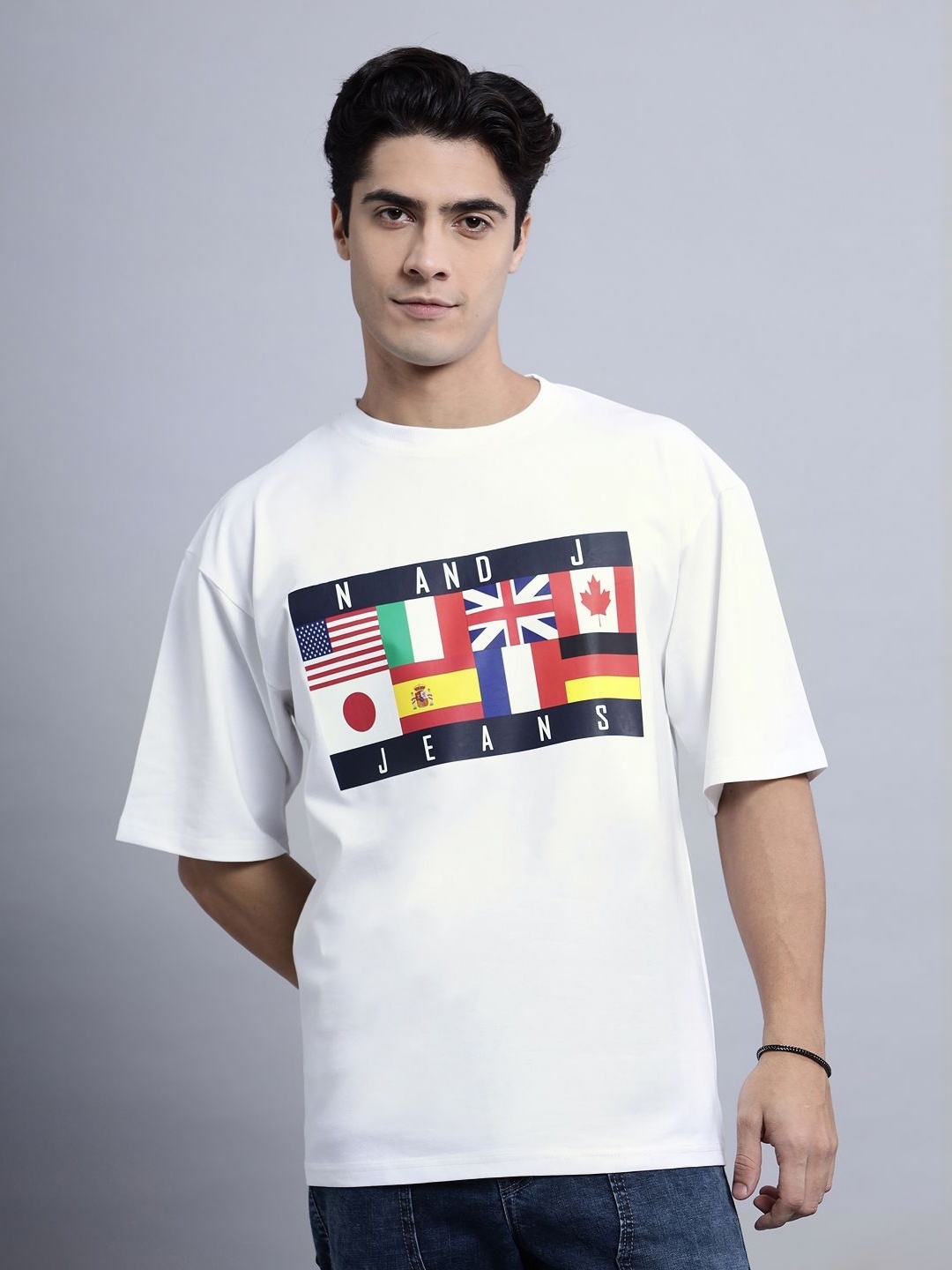 

N AND J Men Extended Sleeves Applique T-shirt, White