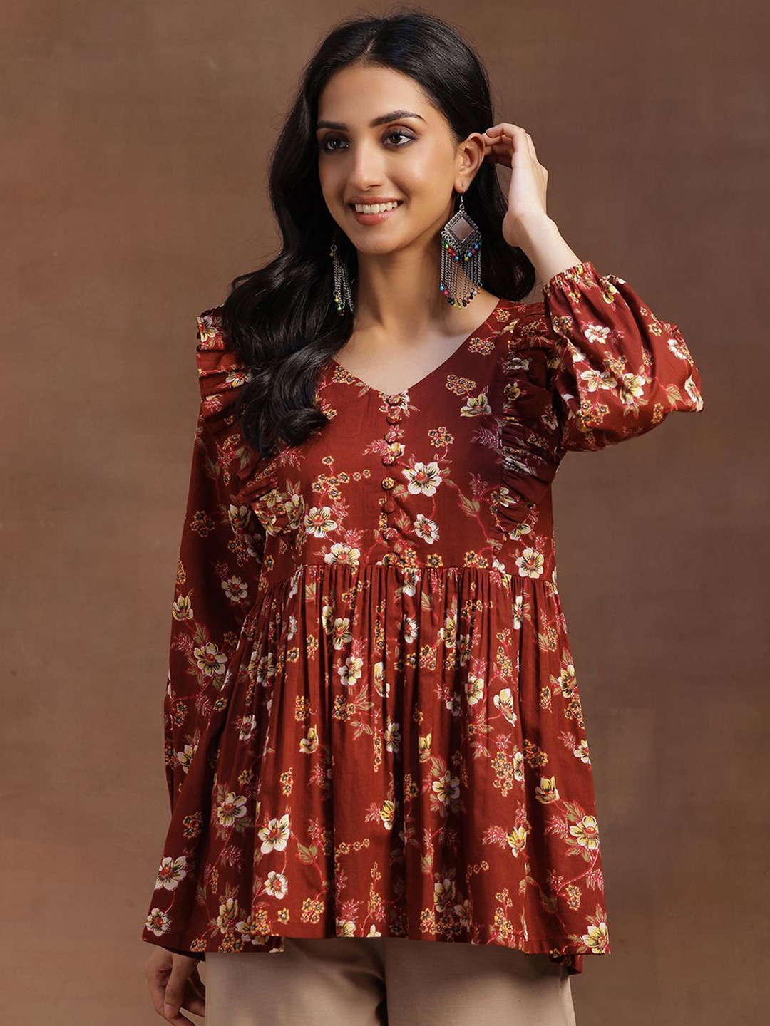 

Libas Floral Printed V-Neck Pure Cotton Pleated Kurti, Rust