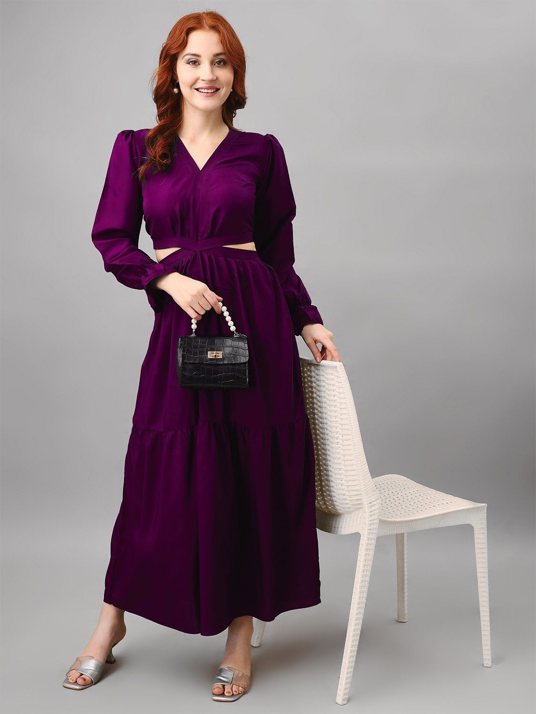 

Femvy Puff Sleeve Applique Crepe Fit & Flare Maxi Dress, Magenta