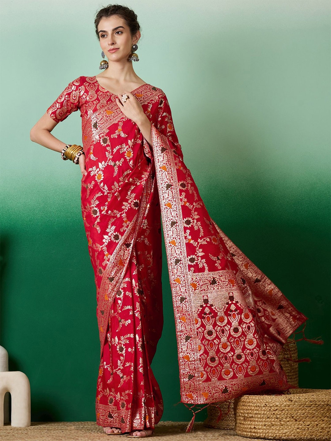 

NIRMAL CREATION Floral Zari Saree, Red