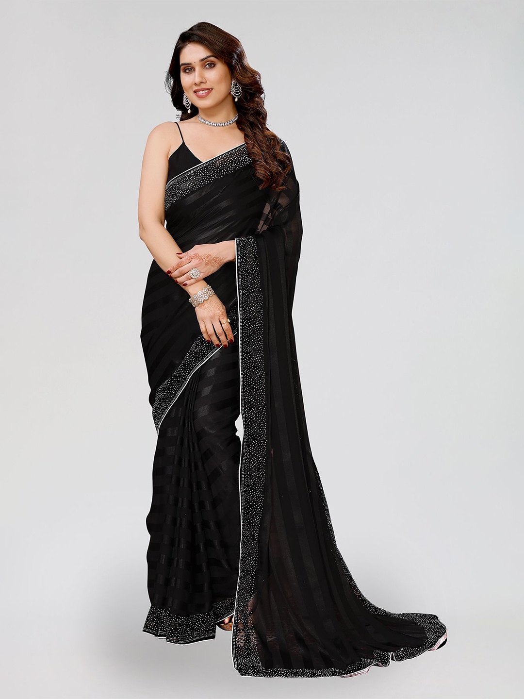 

ANAND SAREES Striped Beads and Stones Satin Saree, Black