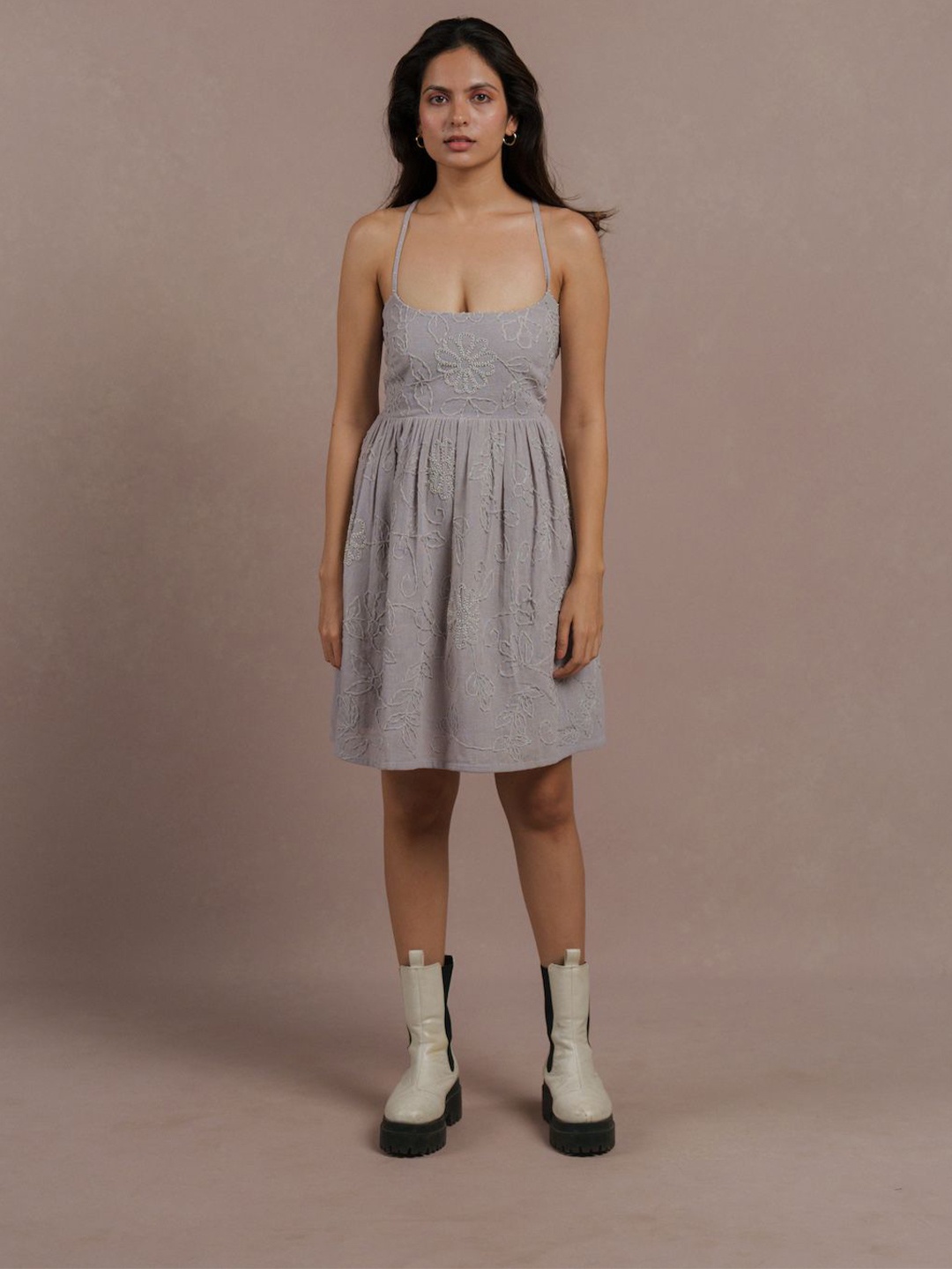 

LABEL SUGAR Shoulder Strap Embroidered Fit & Flare Dress, Lavender