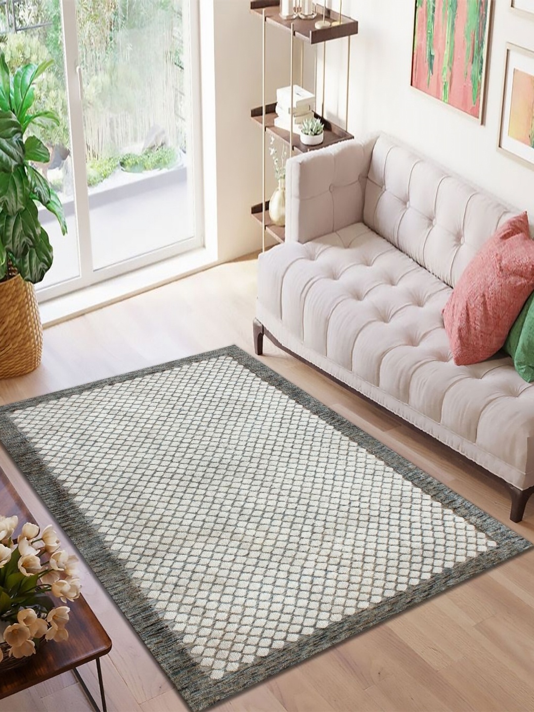 

MULTITEX Off White And Grey Geometric Anti-Skid Rectangle Carpet