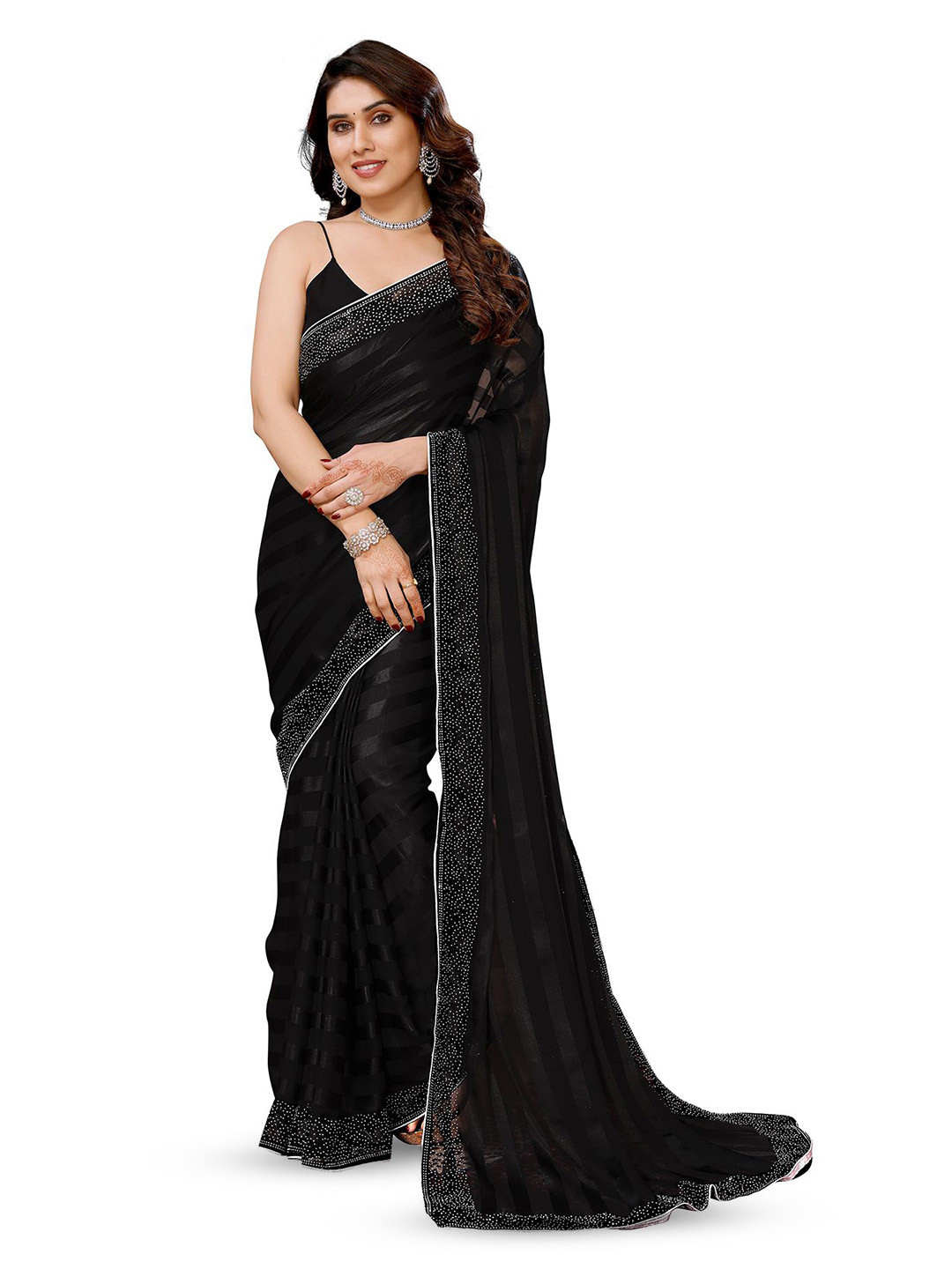 

ANAND SAREES Striped Beads and Stones Satin Ready to Wear Saree, Black